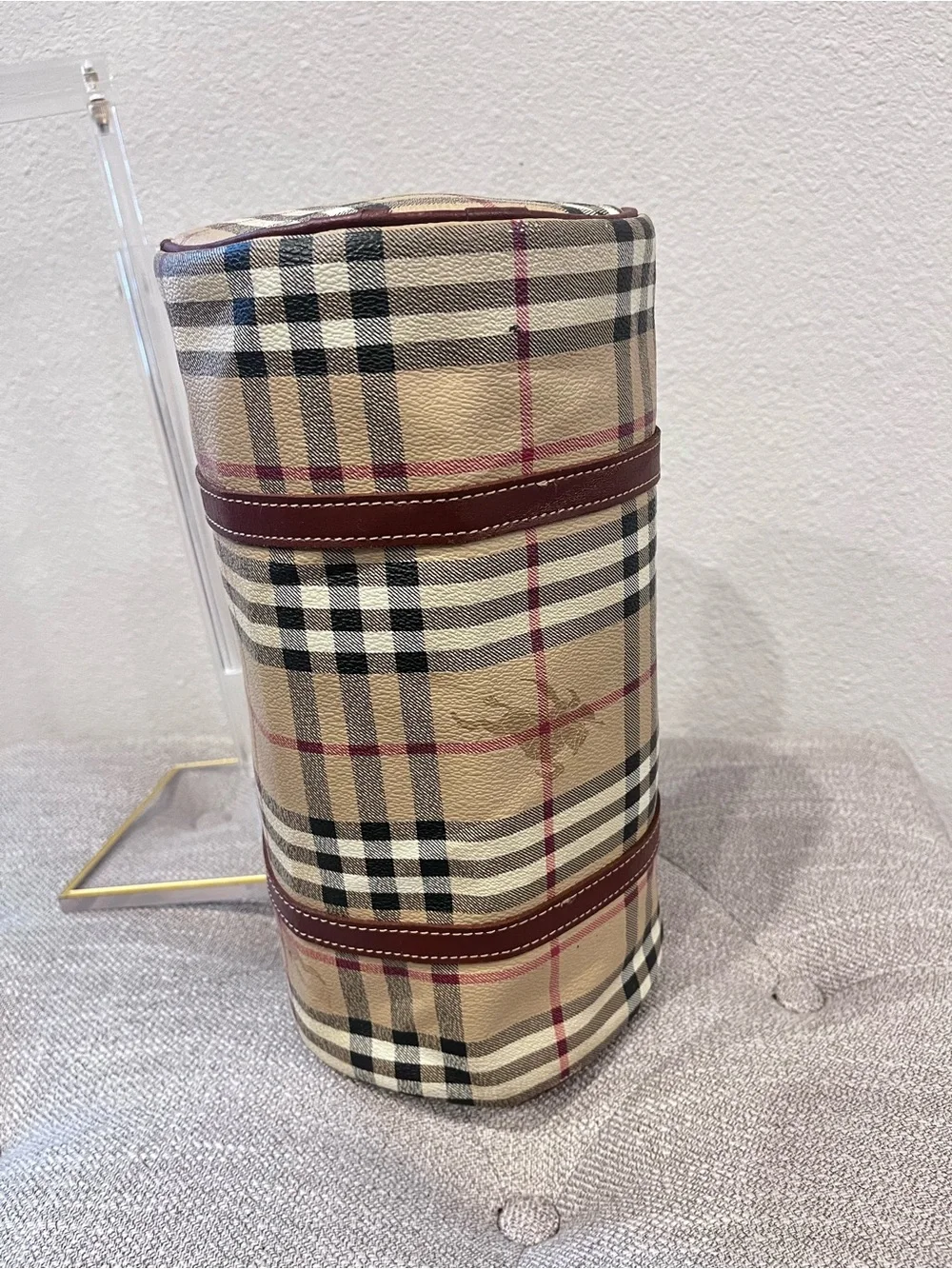 BURBERRY CHECK PVC BARREL BAG.